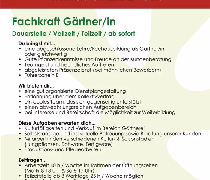 Fachkraft Gärtner/in Fachkraft Gärtner/in