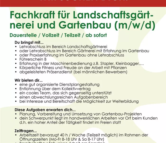 Landschaftsgärtner, Garten- und Grünflächengestalter (m/w/d) Landschaftsgärtner, Garten- und Grünflächengestalter (m/w/d)