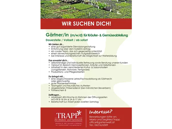 Fachkraft Gärtner/in für Kräuter- und Gemüseabteilung