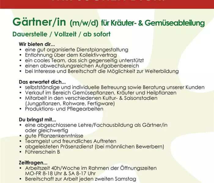 Fachkraft Gärtner/in für Kräuter- und Gemüseabteilung